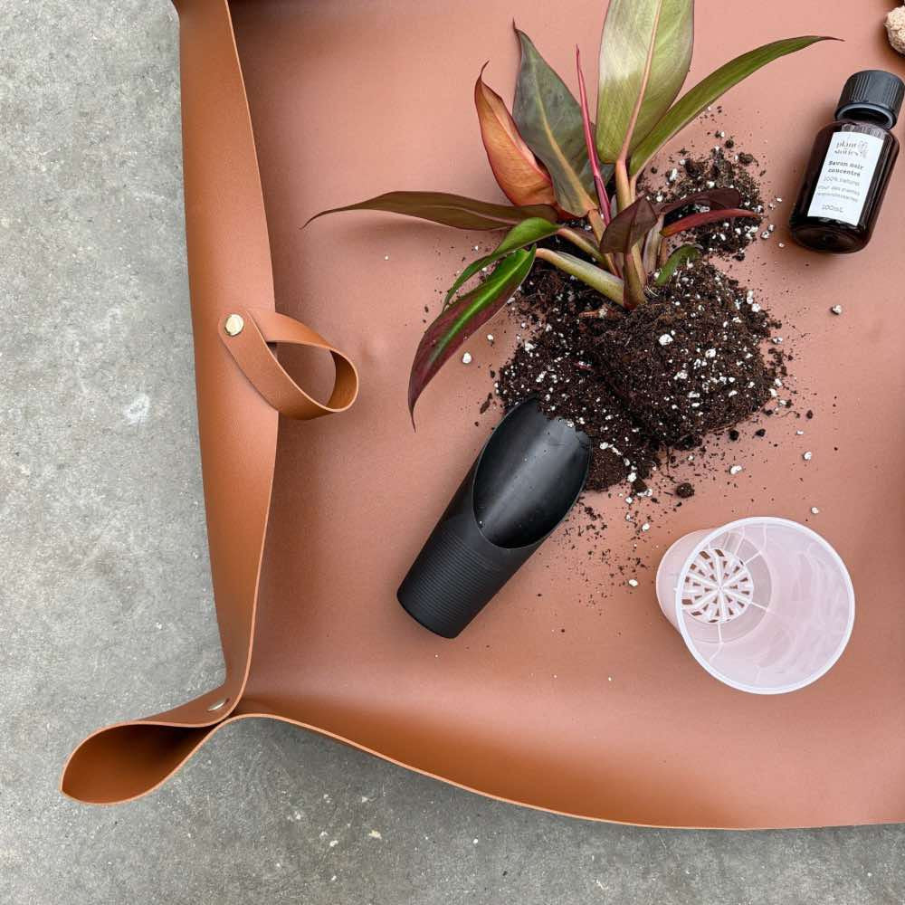 Le tapis de rempotage en simili cuir marron accueille une plante tropicale, de la terre et des accessoires