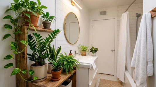 Salle de bain lumineuse décorée de nombreuses plantes d'intérieur : pothos, ZZ plant, fougères et snake plant sur des étagères en bois et le meuble vasque