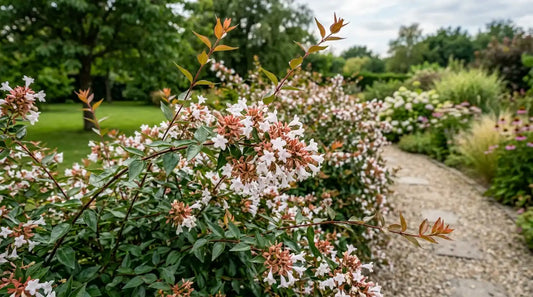 Abélia (Abelia x grandiflora) aux fleurs blanches parfumées et au feuillage lustré teinté de bronze dans un jardin.