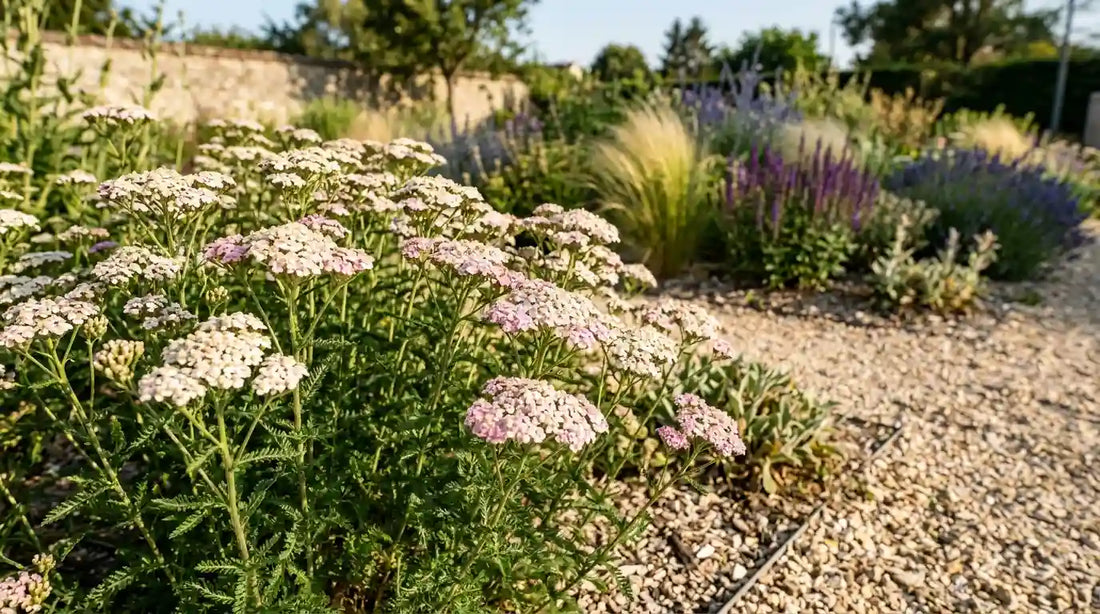 Achillée millefeuille (Achillea millefolium) aux ombelles rose pâle dans un jardin sec avec graminées et vivaces.