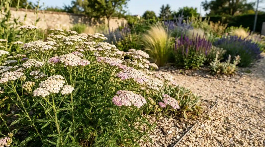Achillée millefeuille (Achillea millefolium) aux ombelles rose pâle dans un jardin sec avec graminées et vivaces.