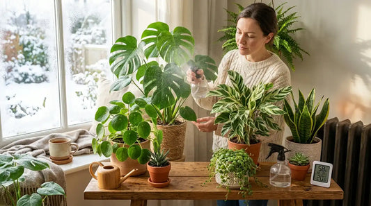 Une femme vaporise une brume d'eau sur ses plantes d'intérieur en hiver près d'une fenêtre pour les protéger du chauffage et de l'air sec.