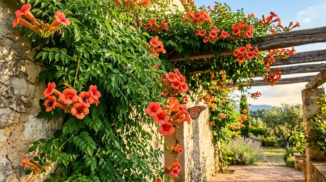 Bignone (Campsis) aux fleurs en trompette orange grimpant sur un mur de pierre et une pergola dans un jardin méditerranéen