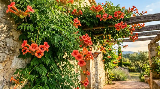 Bignone (Campsis) aux fleurs en trompette orange grimpant sur un mur de pierre et une pergola dans un jardin méditerranéen