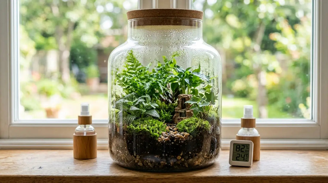 Terrarium en verre contenant diverses plantes vertes, de la mousse et des galets, posé sur un rebord de fenêtre en bois, avec un hygromètre affichant 82 % d’humidité et 24 °C.