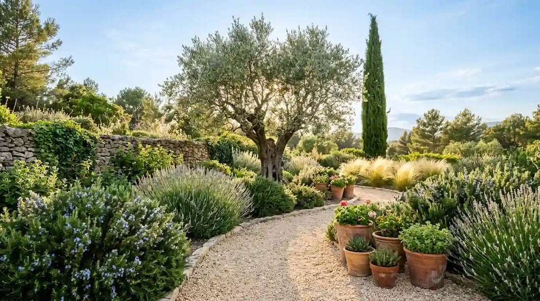Jardin méditerranéen ensoleillé : allée de gravier clair, oliviers, lavandes et romarins en boule, cyprès et poteries en terre cuite.