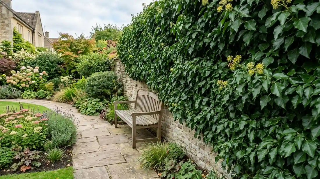 Lierre grimpant (Hedera) au feuillage persistant couvrant un mur de pierre dans un jardin, avec un banc en bois