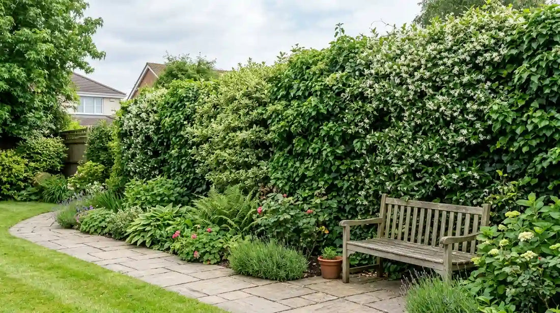 Plantes grimpantes persistantes formant un écran de verdure le long d'un jardin, avec banc en bois et allée dallée