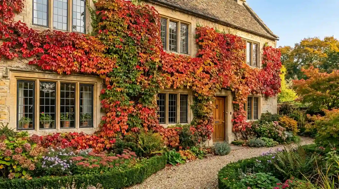 Vigne vierge (Parthenocissus) aux feuilles rouges, orange et vertes d'automne couvrant la façade en pierre d'une maison de jardin