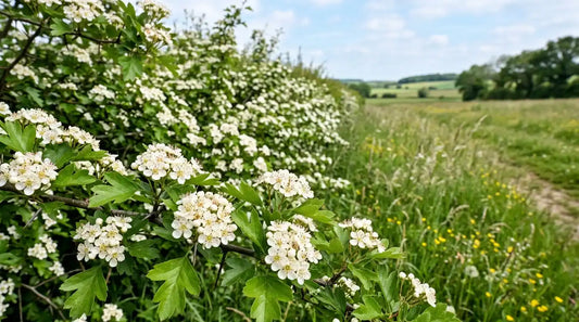 Aubépine (Crataegus monogyna) en fleurs blanches formant une haie champêtre en bordure de prairie au printemps.