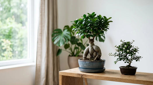 Bonsaï d'intérieur Ficus microcarpa aux racines renflées dans une coupe bleu-gris et petit Carmona sur un meuble en bois près d'une fenêtre