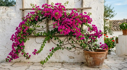 Bougainvillier (Bougainvillea) aux bractées magenta palissé sur un treillis en bois, en pot de terre cuite contre un mur blanc méditerranéen