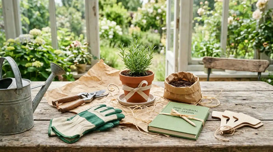 Idées cadeau pour jardinier sur une table en bois : plante aromatique en pot de terre cuite, sécateur, gants, arrosoir en zinc, carnet et étiquettes