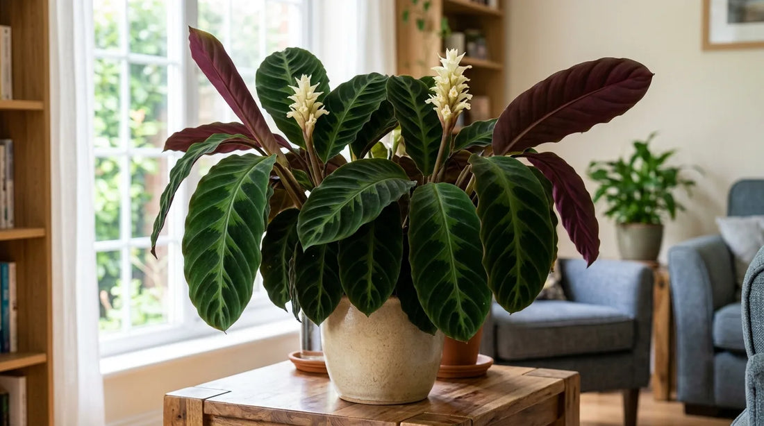 Calathea warscewiczii (Goeppertia warszewiczii) en fleurs blanc crème, feuilles veloutées vert sombre à motif plumeux et revers pourpre, en intérieur