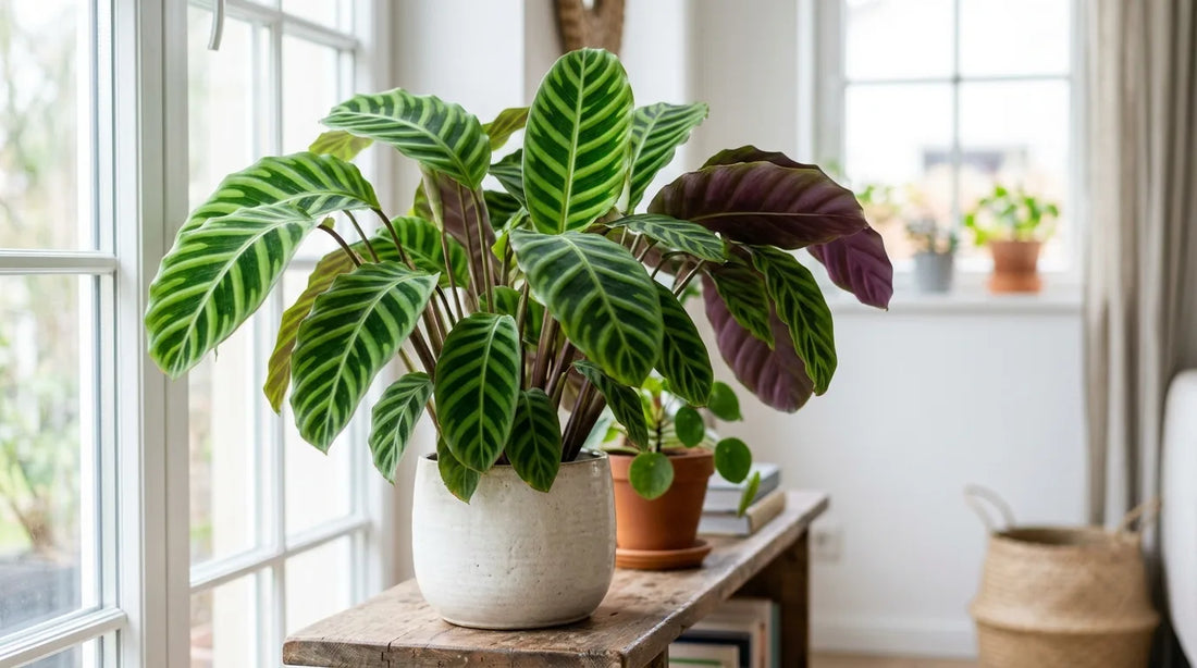 Calathea zebrina (Goeppertia zebrina) en pot près d'une fenêtre, grandes feuilles vert foncé rayées de vert clair et revers pourpre