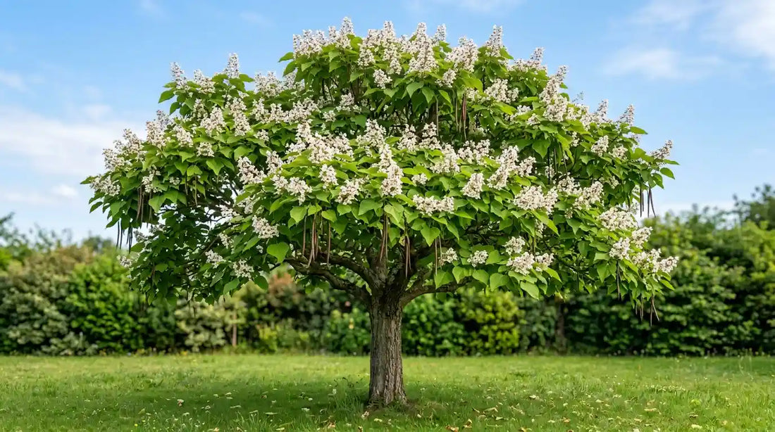 Catalpa (Catalpa bignonioides) ou arbre aux haricots en floraison estivale blanche, longues gousses pendantes, isolé sur une pelouse