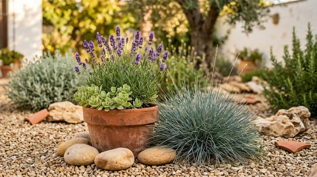 Jardin sec méditerranéen : pot en terre cuite de lavande et succulente, fétuque bleue et gravier devant un olivier