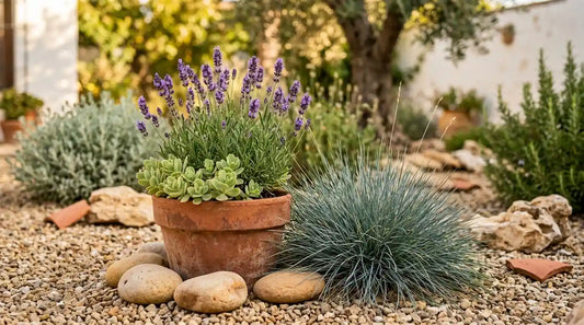 Jardin sec méditerranéen : pot en terre cuite de lavande et succulente, fétuque bleue et gravier devant un olivier