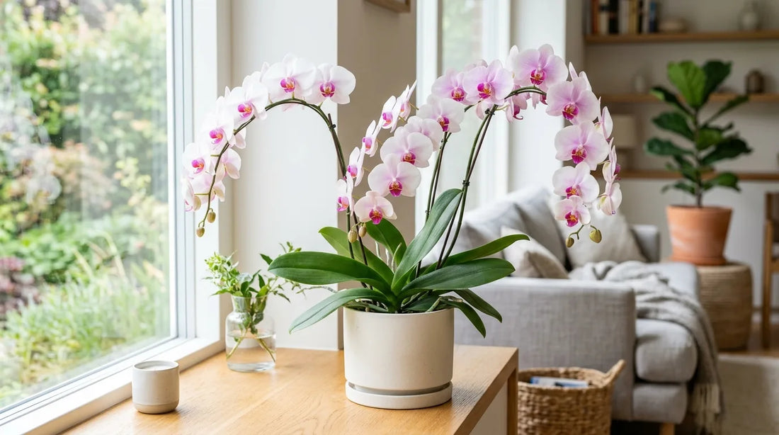 Orchidées Phalaenopsis roses et blanches en fleurs dans des pots en céramique, sur un rebord de fenêtre lumineux d'intérieur.