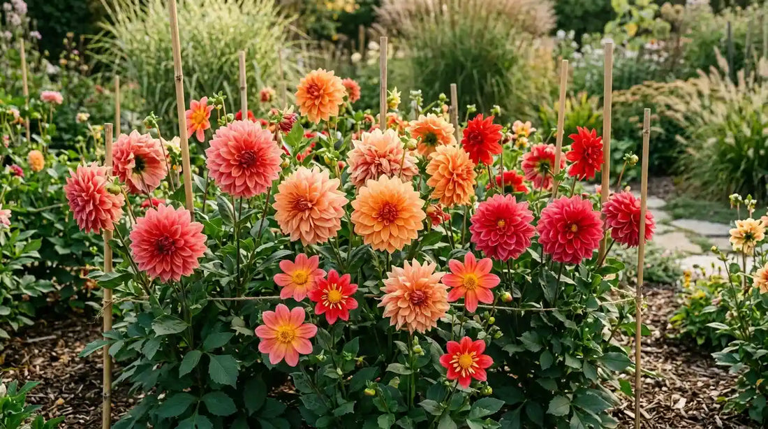 Dahlias (Dahlia) décoratifs et à fleurs simples orange, corail et rouges, tuteurés sur bambous dans un massif paillé en été