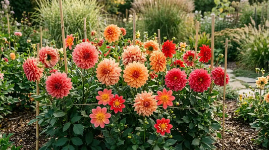 Dahlias (Dahlia) décoratifs et à fleurs simples orange, corail et rouges, tuteurés sur bambous dans un massif paillé en été