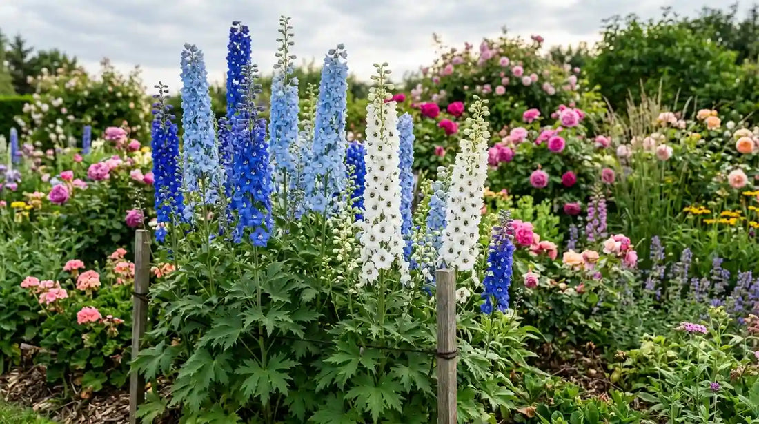 Delphiniums (Delphinium) bleus et blancs en épis dressés et tuteurés dans un jardin de cottage fleuri.