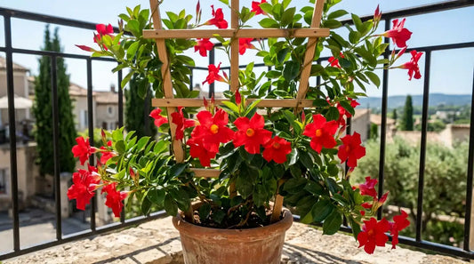 Dipladenia (Mandevilla sanderi) à fleurs rouges en entonnoir palissé sur un petit treillis, en pot sur un balcon ensoleillé