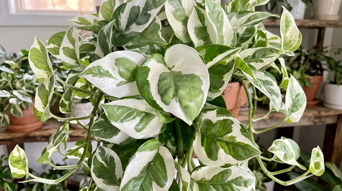 Une photo en gros plan, bien éclairée, montre une plante d'intérieur Epipremnum N'Joy, en bonne santé