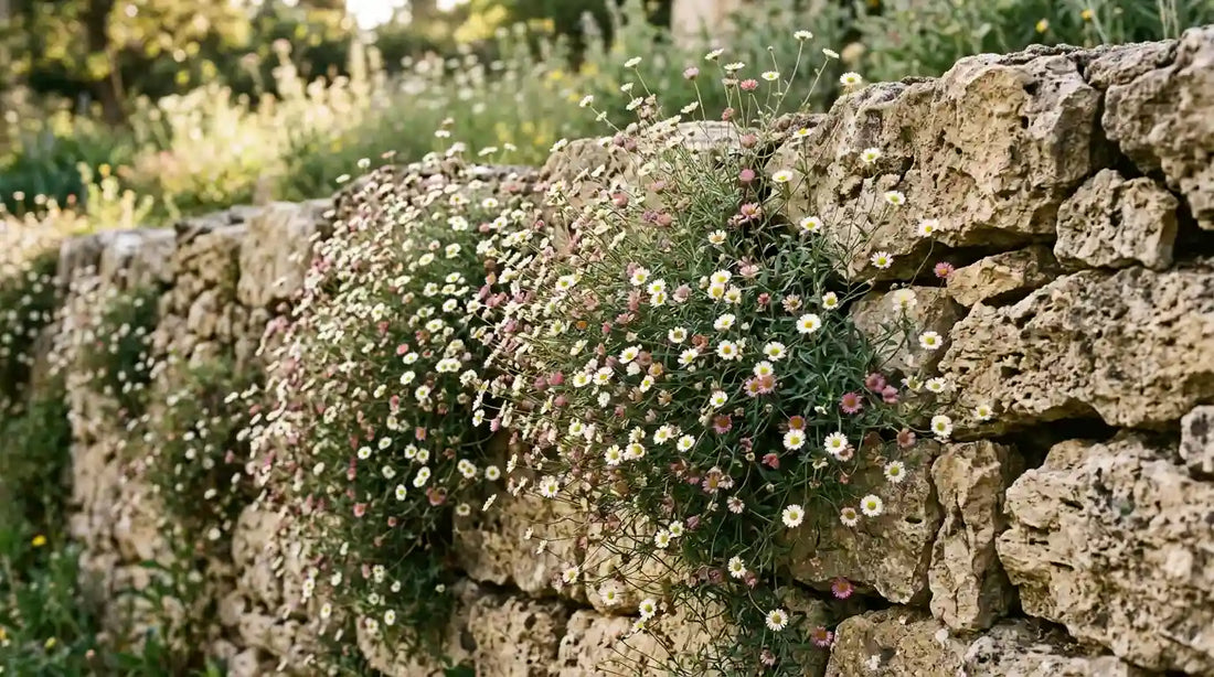 Erigeron karvinskianus (vergerette de Karvinski) en coussin de petites marguerites blanches et roses, poussant dans un mur de pierres sèches