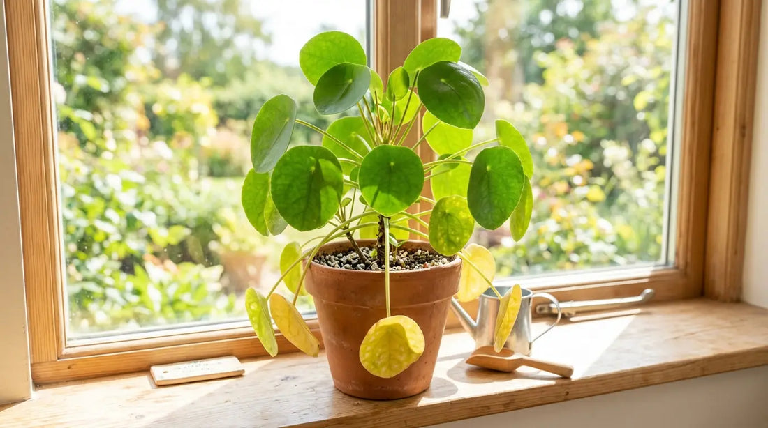 Pilea peperomioides en pot sur un rebord de fenêtre ensoleillé, montrant des feuilles supérieures vertes et des feuilles du bas jaunissantes.