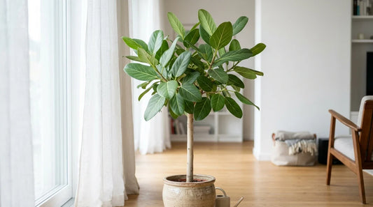 Ficus 'Audrey' (Ficus benghalensis) sur tige au tronc clair, feuilles ovales vert tendre aux nervures pâles, en pot dans un salon lumineux