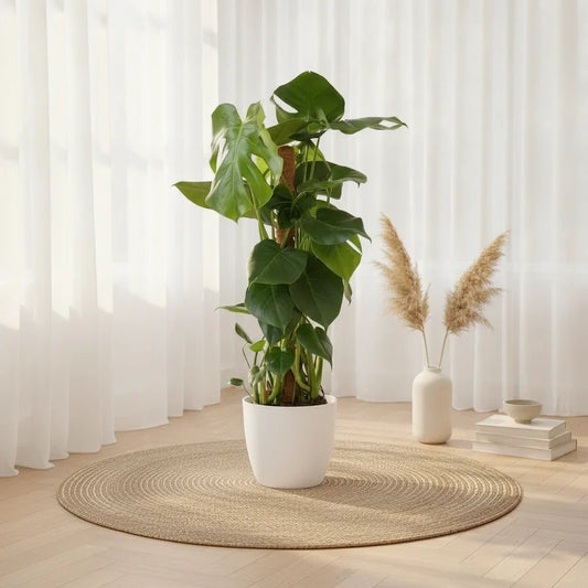 Monstera deliciosa sur tuteur dans un pot blanc côtelé, posée sur un tapis rond en jute devant des voilages, à côté d'un vase de pampa