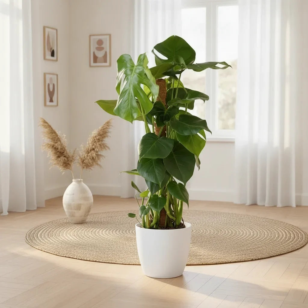 Grande Monstera deliciosa sur tuteur mousse dans un pot blanc, dans un salon lumineux, prête à être rempotée
