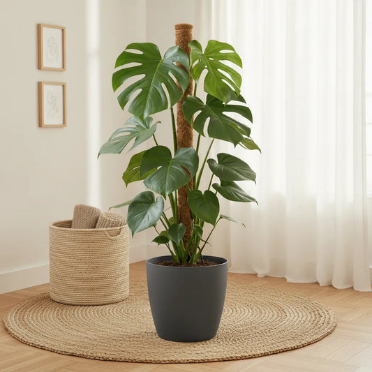 belle et grande Monstera Deliciosa sur un tuteur en coco dans un cache pot gris posée au centre de l'image dans un intérieur lumineux