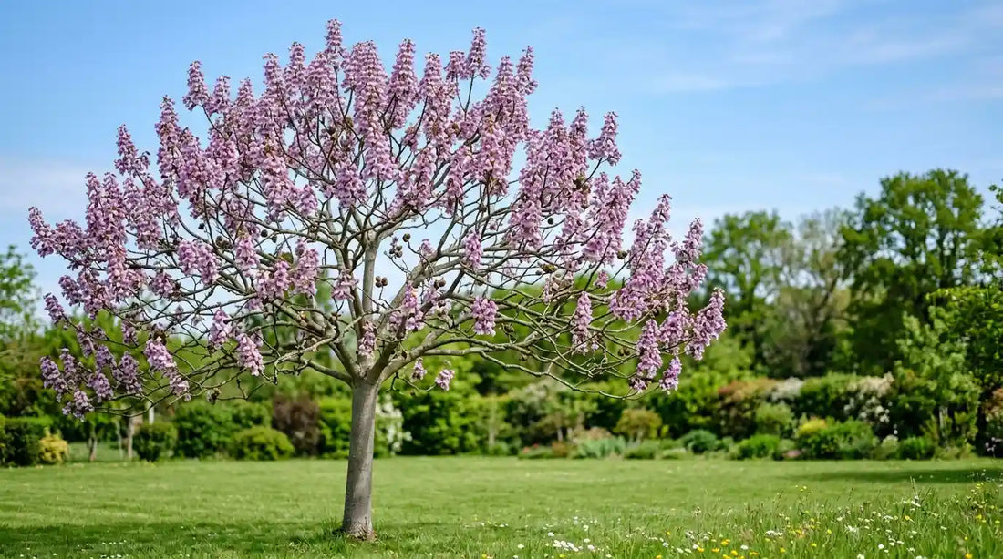 Paulownia tomentosa (arbre impérial) en pleine floraison printanière, panicules de fleurs mauves avant les feuilles, isolé dans une pelouse
