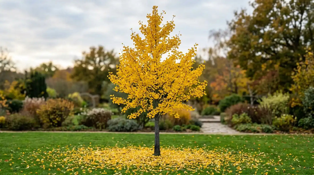 Ginkgo biloba (arbre aux 40 écus) au feuillage jaune d'or en automne, tapis de feuilles tombées sur une pelouse
