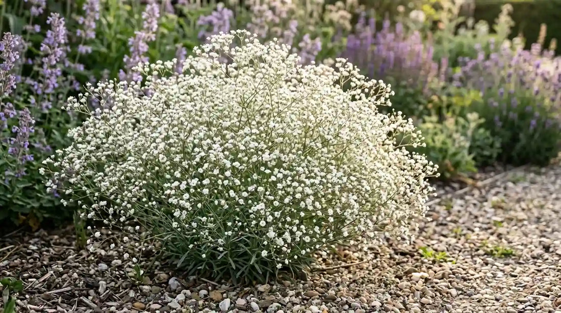 Gypsophile (Gypsophila paniculata) en touffe vaporeuse de petites fleurs blanches, sur gravier en bordure de massif de vivaces et népétas