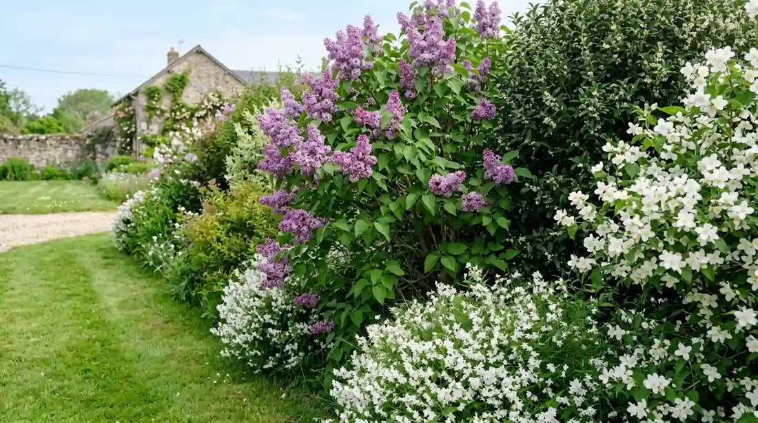 Haie fleurie au printemps mêlant lilas commun Syringa vulgaris mauve, seringat Philadelphus et deutzia aux fleurs blanches le long d'une pelouse
