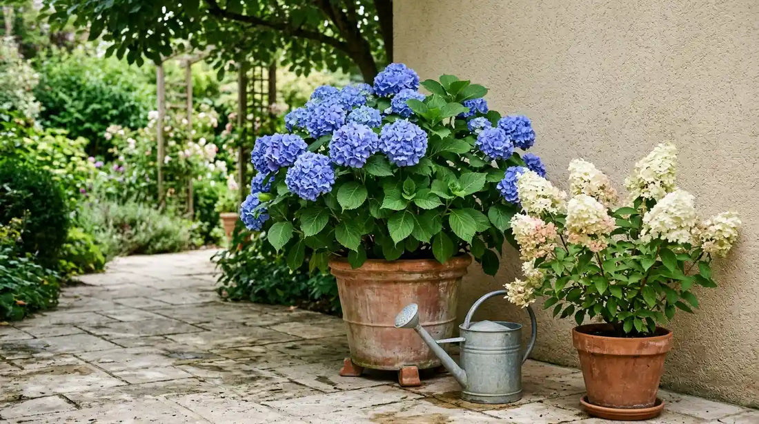 Hortensia en pot : Hydrangea macrophylla bleu dans un grand pot de terre cuite et hortensia paniculé blanc rosé sur une terrasse dallée