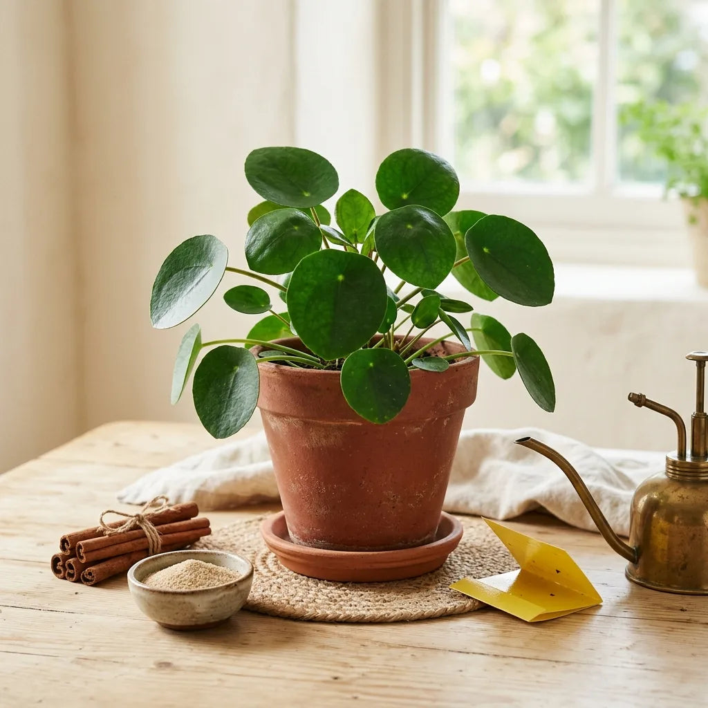 Pilea peperomioides en pot de terre cuite, avec bâtons de cannelle, bol de sable et piège jaune anti-moucherons