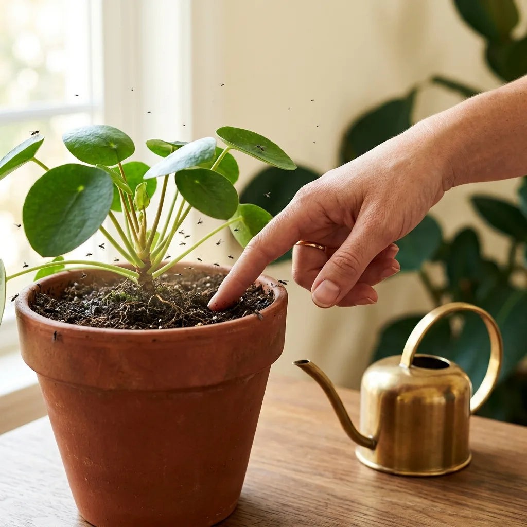 Mouches de terreau volant autour d'un Pilea peperomioides dont on teste l'humidité du terreau