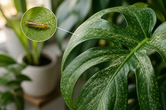 Monstera infesté de thrips avec des traces de dégâts sur les feuilles et gros plan d’un thrips sur une plante d’intérieur