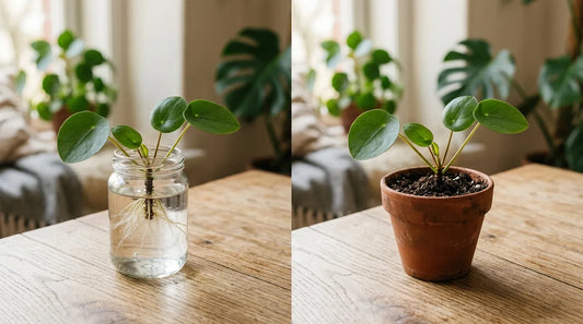 Comparatif bouturage : à gauche une bouture de pilea enracinée dans l'eau, à droite la même plante repiquée en pot de terreau.