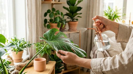 Araignées rouges — Mains pulvérisant le revers d'une feuille de Monstera avec un brumisateur pour traiter les araignées rouges des plantes d'intérieur.