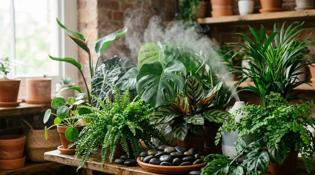 Groupe de plantes tropicales avec humidificateur et coupelle de galets humides pour augmenter l'humidité ambiante
