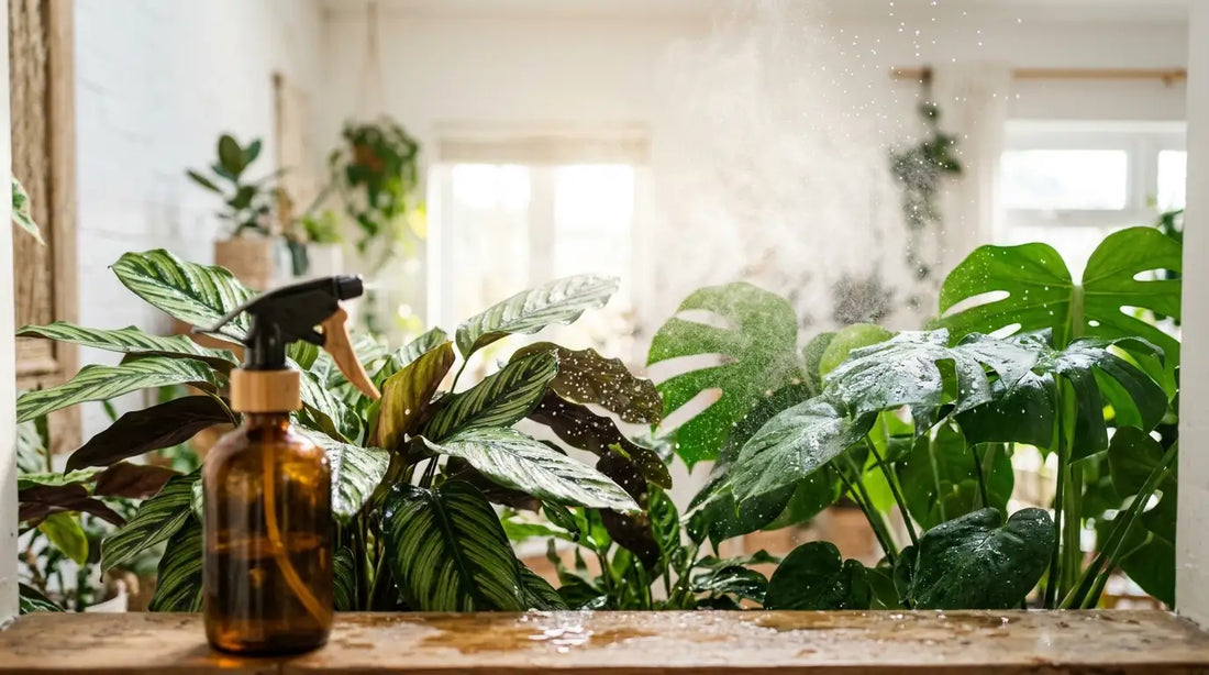 Brumisateur en verre ambré diffusant une fine brume sur de grandes feuilles tropicales de Monstera et Calathea