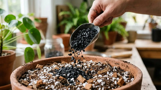 Main versant des granulés de charbon horticole noir dans un substrat drainant (coco, perlite, écorce) pour plantes d'intérieur