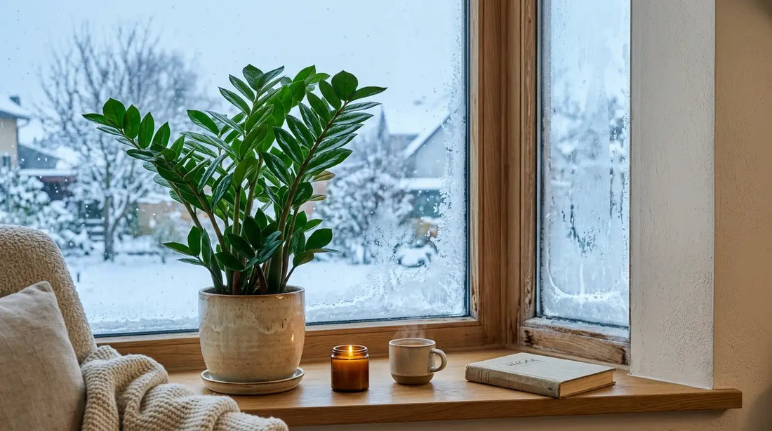 Zamioculcas (plante ZZ) près d'une fenêtre givrée en hiver, une plante robuste qui résiste au froid et au choc thermique