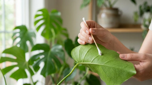 Coton-tige tamponnant une feuille pour retirer la cochenille farineuse, traitement naturel des plantes d'intérieur