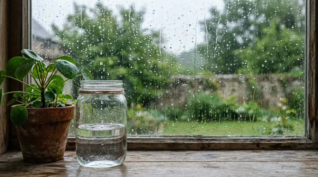 Bocal en verre recueillant de l'eau de pluie sur un rebord de fenêtre pluvieux, à côté d'un pilea, pour arroser les plantes d'intérieur